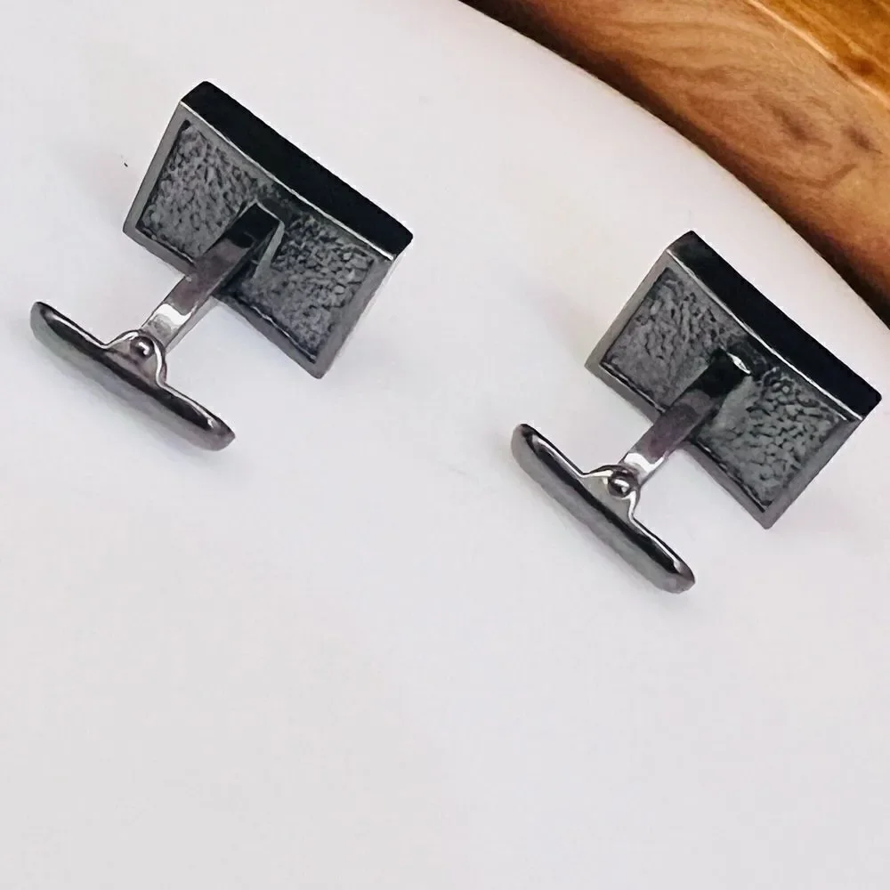 Roundtree & Yorke Cufflinks Gunmetal Black Whale Back Modern Rectangle 1190